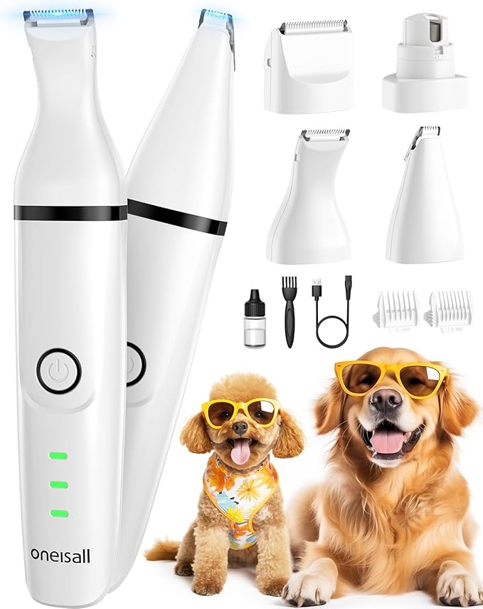 oneisall 4-in-1 Cordless Dog Grooming Kit with 2-Speed Clippers, Low Noise Paw Trimmer & Rechargeable Quiet Nail Grinder for Dogs and Cats (White)