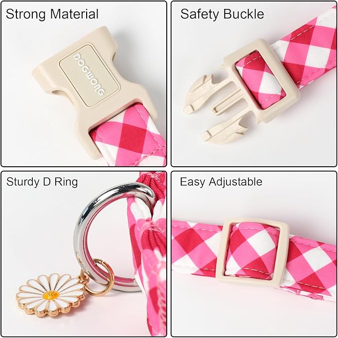 DOGWONG Pink Plaid Dog Collar, Pink Dog Collar Adjustable Soft Natural Fabric Girl Pet Dog Collars Cute Puppy Necklace for Small Medium Large Dogs
