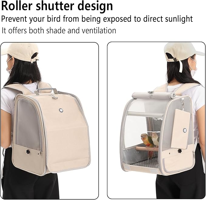 Bird Carrier Backpack, Portable Travel Bird Cage with Standing Perch, 2 Feeder Cups, Iron Mesh Stand & Removable Tray Lightweight, Breathable Mesh Window for Parrot Carrier，Easy Clean (Cream)