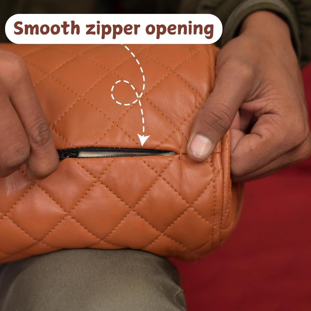 Neck Roll Pillow Cushion Cover, 18x6 Inch Full Moon Round Bolster Pillow Case, Cylinder Soft Lambskin Leather Pillowcase for Head, Spine & Neck Support During Sleep - Quilted Tan Pack of 1