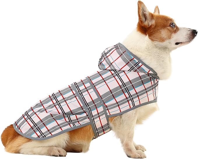 Dog Raincoat for Medium Dogs Waterproof Hooded Rain Jacket with Reflective Strips Leash Hole & Poncho Adjustable Fit (Plaid,L)