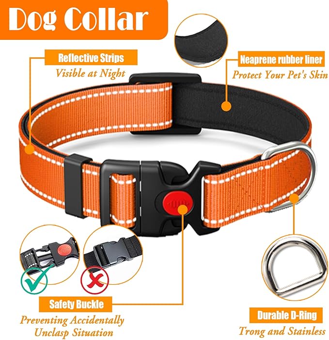 No Pull Dog Harness, Collar & Leash Set | Includes Dog Seat Belt, Collapsible Bowls & Poop Bag Dispenser. Ideal for Training, Walking, Hiking. Fits Small to Large Dogs(Orange-S)
