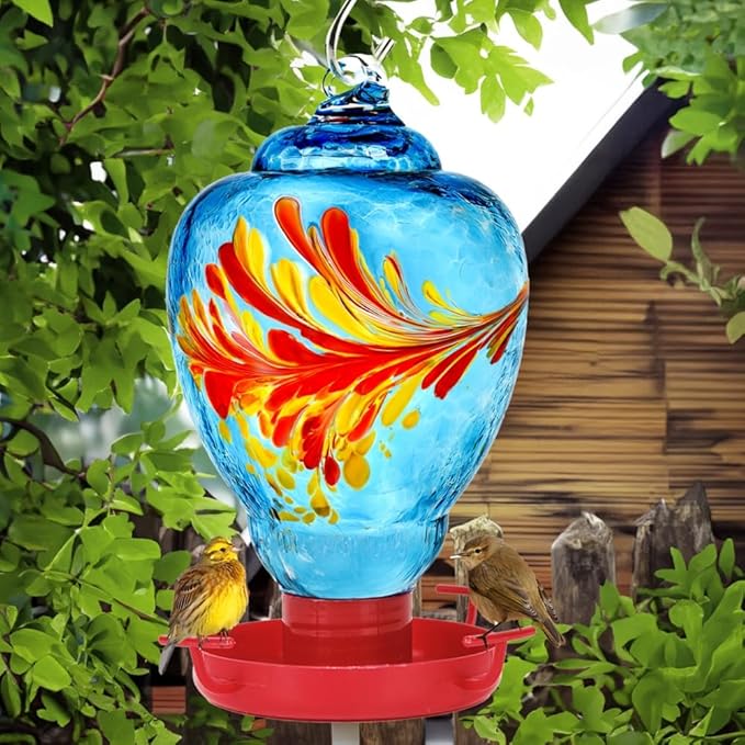 Colorful Glass Wild Bird Waterer 32 Oz Bird Water Feeder for Outdoors Garden Outside Water Cooler Tree Yard Decoration (Blue)