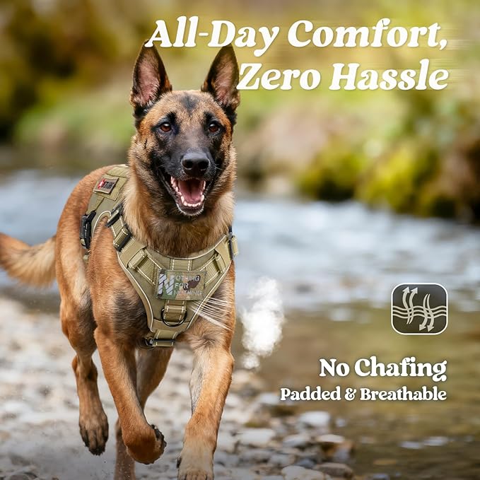 rabbitgoo Tactical Dog Harness Medium Sized, No Pull Upgraded Reflective Heavy Duty Molle Vest with Handle, Adjustable Military Service Dog Vest for Walking Hiking Training, Brown, M