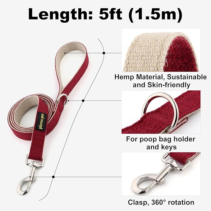 Plutus Pet Cotton Hemp Dog Collar and Leash Set, Adjustable Collar for Small, Medium, and Large Dogs, Heavy Duty and Soft on Skin, Red, M