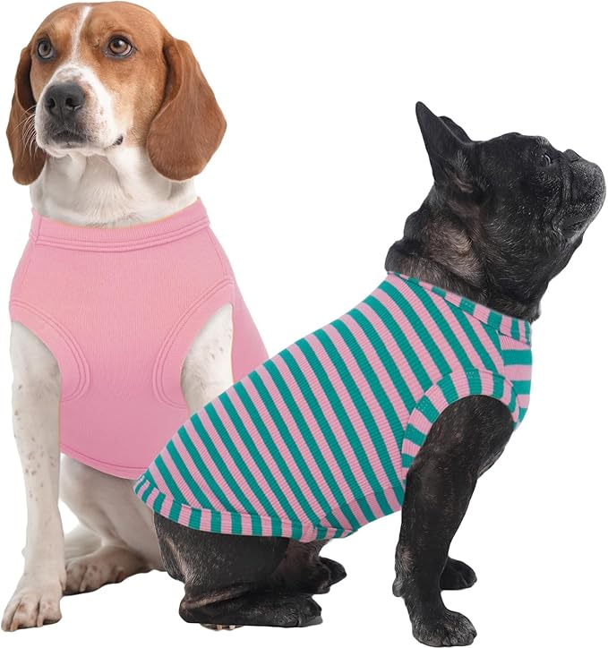 IECOii 2 Pack Dog T-Shirts for Small Medium Dogs,Lightweight & Comfortable – Easy to Wear,Machine Washable & Non - Fading – Perfect for Summer Indoor and Outdoor Use,Pink+Stripes,Large