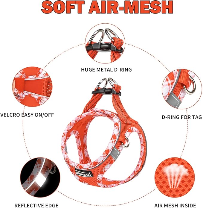Mercano Soft Mesh Dog Harness and Leash Set, No-Chock Step-in Reflective Breathable Lightweight Easy Walk Vest Harnesses with Safety Buckle for Small Dogs, Cats (Tangerine, XXS)