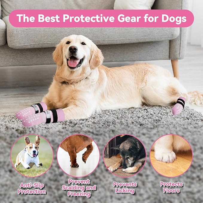 Non Slip Dog Socks to Prevent Licking Paws - for Hardwood Floors Anti Slip - Grippy Socks for Senior Dog - Double Elastic Reflective Straps Prevent Scratching for Hot Pavement. (Pink, S)