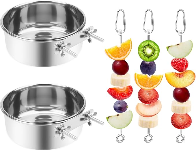 2 Pcs Bird Feeding Dish Cups with 3 Pcs Food Holder for Cage, Parrot Food Water Bowls and Fruit Vegetable Skewer Foraging Toy, Stainless Steel Bird Feeders for Small Animals -Silvery,5 Pcs