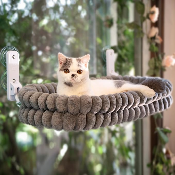 CHEERPALS Cat Window Perch for Indoor Cats Hammock for Window with Reversible Cushion, Foldable Cat Window Bed for Large Cats and Kittens(Grey,Large)