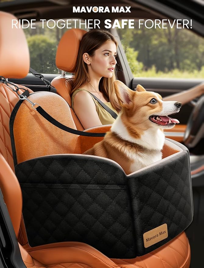 (Up to 35lbs Small/Medium Dog Car Seat Booster Dog Seat for Car Portable with Adjustable Seatbelts Pet Travel Car Bed Seat for SUV, Truck, with Memory Foam Cushion (Black/Brown)