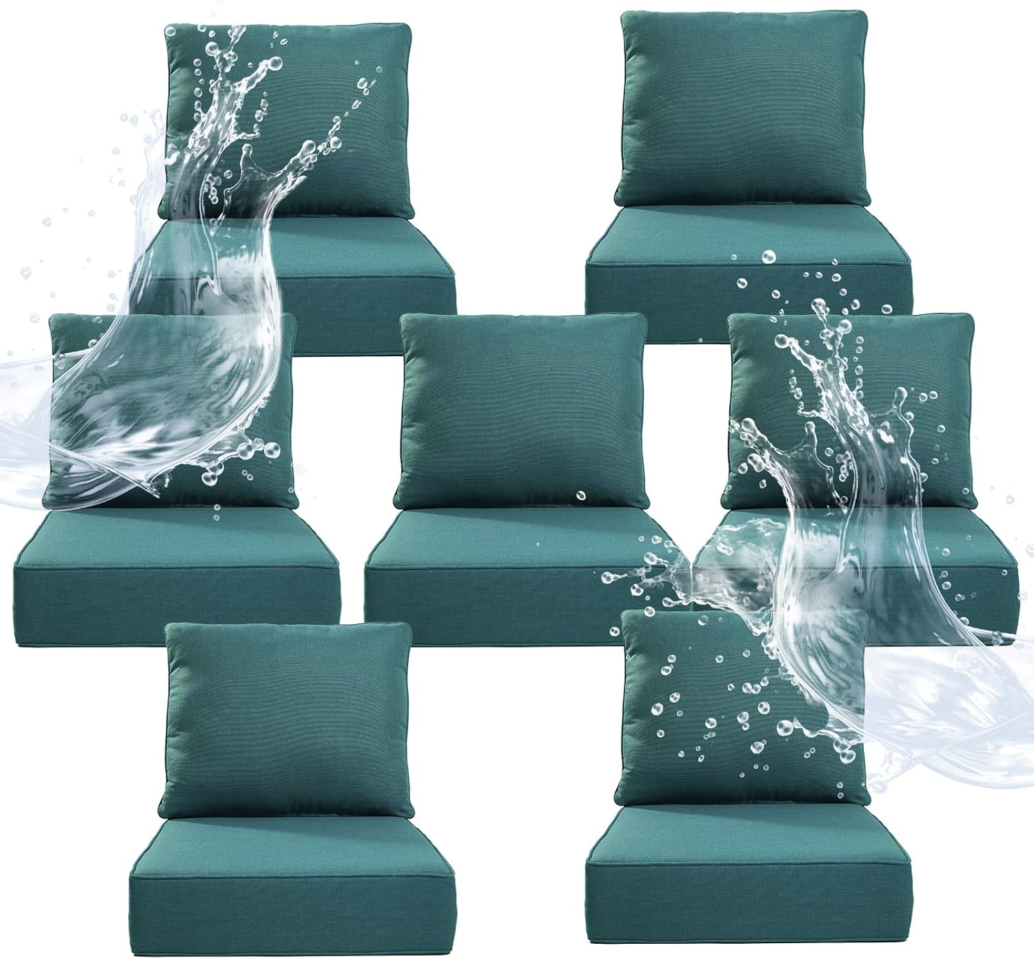 6" Thicker Outdoor Chair Cushion 7 Sets - 24" *24" *6" Waterproof Patio Furniture Cushions with Removable Cover, 28D High Density Sponge Filling Thicken Outdoor Patio Cushions - Peacock Blue