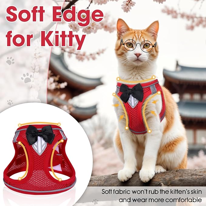 Cat Vest Harness and Leash Set for Walking Escape Proof, Adjustable Kitten Harness Breathable Mesh with Reflective Strips Harness for Kitty Puppy Bunny (Red, S)
