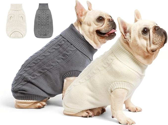 2 Pack Dog Sweaters for Small Dogs - Puppy Medium Warm Clothes in Winter, Turtleneck Pullover Design for Boy Girl Pet, Doggie, Cat, Kitten Chihuahua Bulldog Pug Beagles (XS, Grey, Beige)