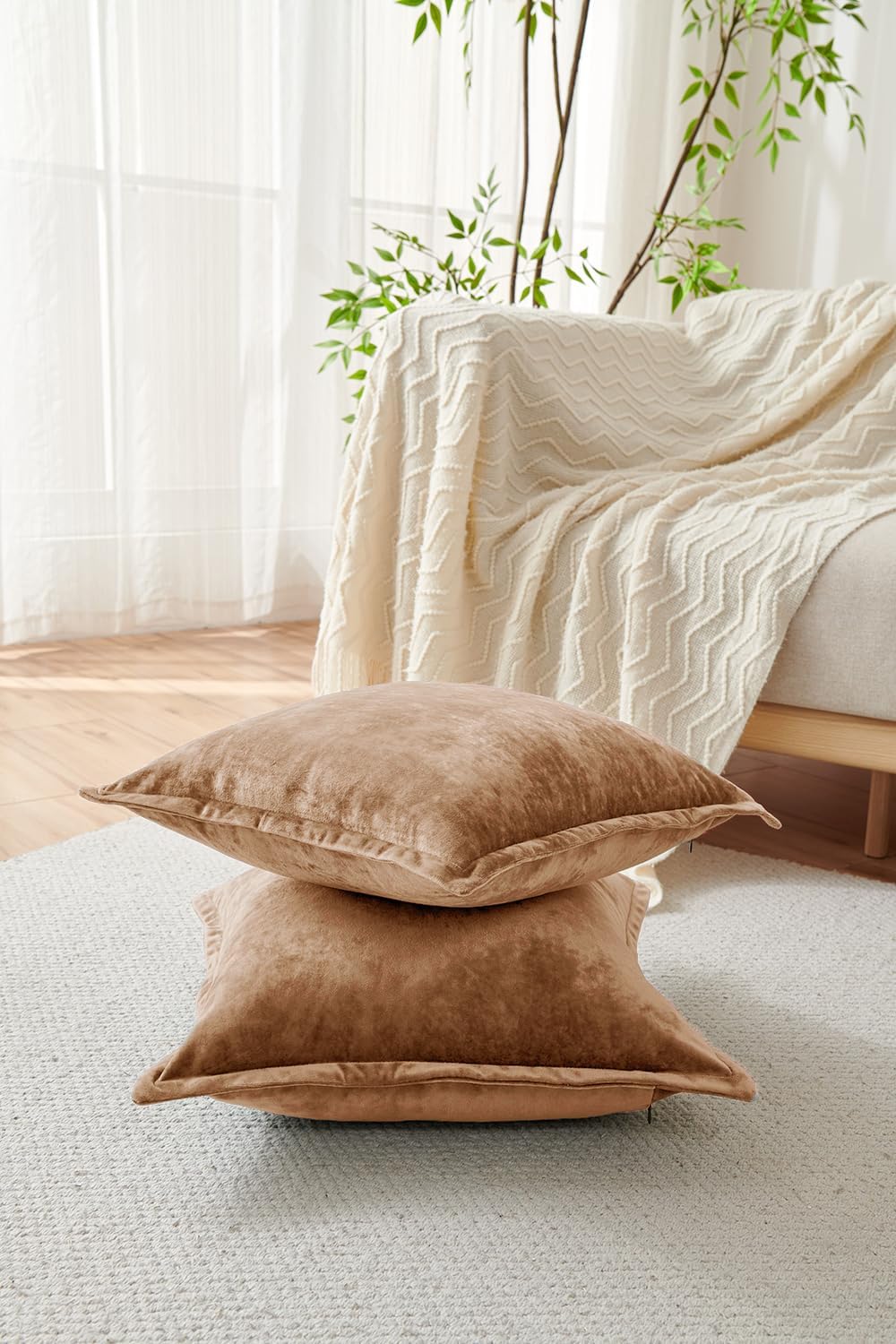 Luxurious Velvet Throw Pillow Covers 20x20 Set of 2 Decorative Pillow Covers Solid Square Cushion Case for Sofa Couch Bedroom Farmhouse, Caramel