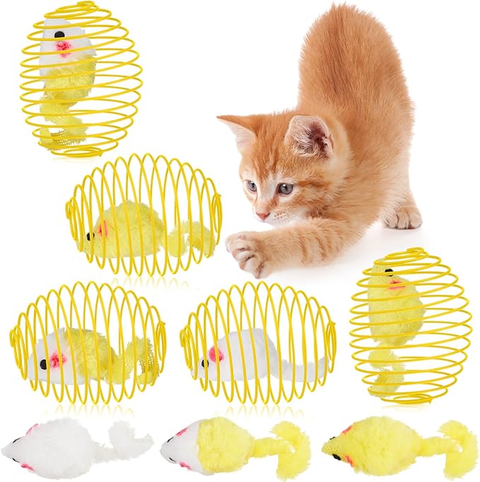Jecery 5 Pcs Cat Spring Balls Stretchable Springs Toys Rolling Balls Colorful Playful Coils Interactive Spring Action Toy Caged Rats for Kitten Cat Pet Supplies Indoor (Yellow Mouse,Yellow)