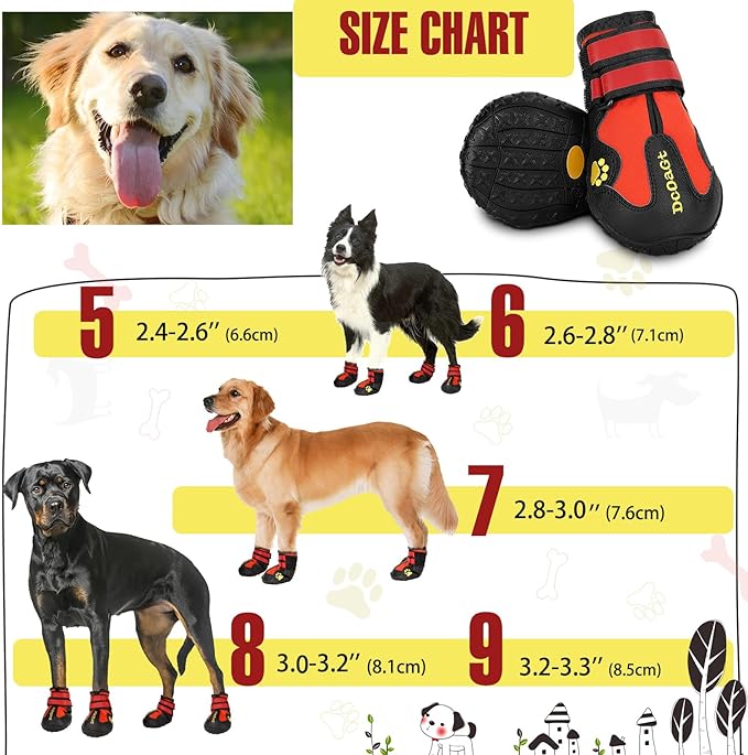 DcOaGt Dog Boots Waterproof Dog Shoes for Small Medium Large Puppy with Reflective Straps Anti-Slip Sole,Paw Protector Dog Booties for Hot Pavement Winter Snow Rain Hiking 4PCS Red