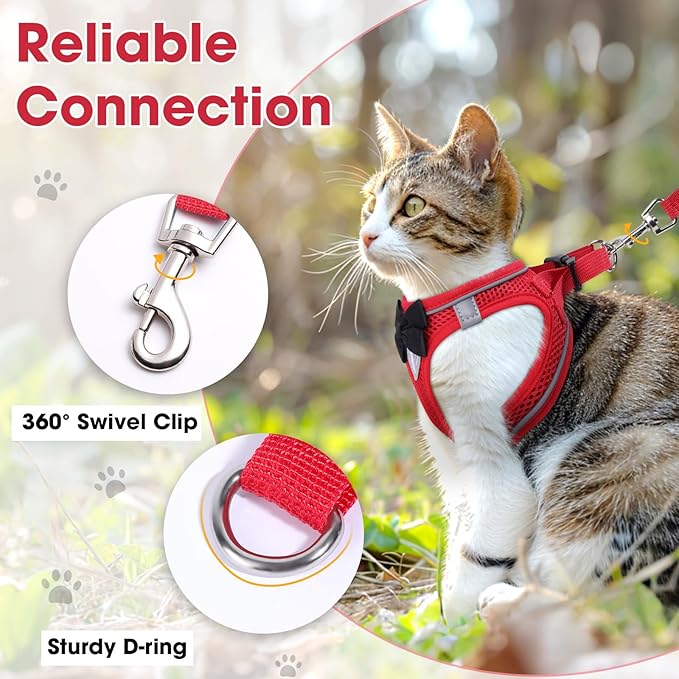 Cat Vest Harness and Leash Set for Walking Escape Proof, Adjustable Kitten Harness Breathable Mesh with Reflective Strips Harness for Kitty Puppy Bunny (Red, S)