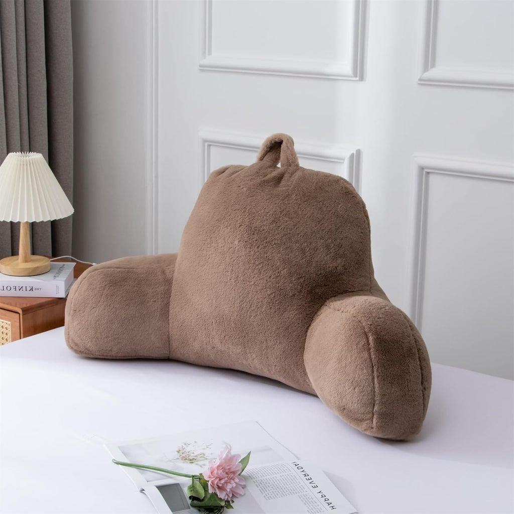 A Nice Night Faux Fur Soft Reading Pillow Bed Wedge Adult Backrest with Arms Back Support for Sitting Up in Bed/Couch for Bedrest,Khaki,Large