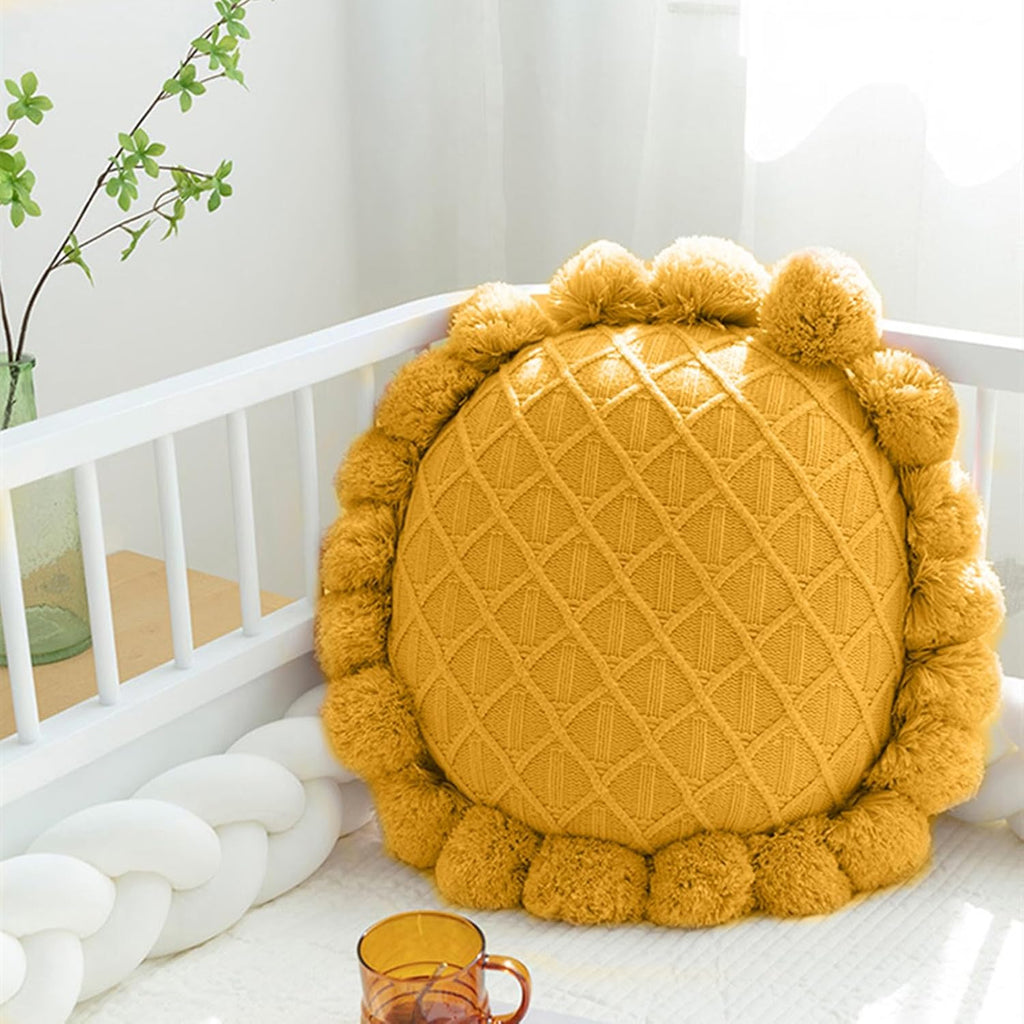Acrylic Knitted Round Throw Pillow Knitting Bohemian Circular Cushion Pillow with Knit Handmade Pompoms Decorative Ginger Yellow, Diameter 18inches
