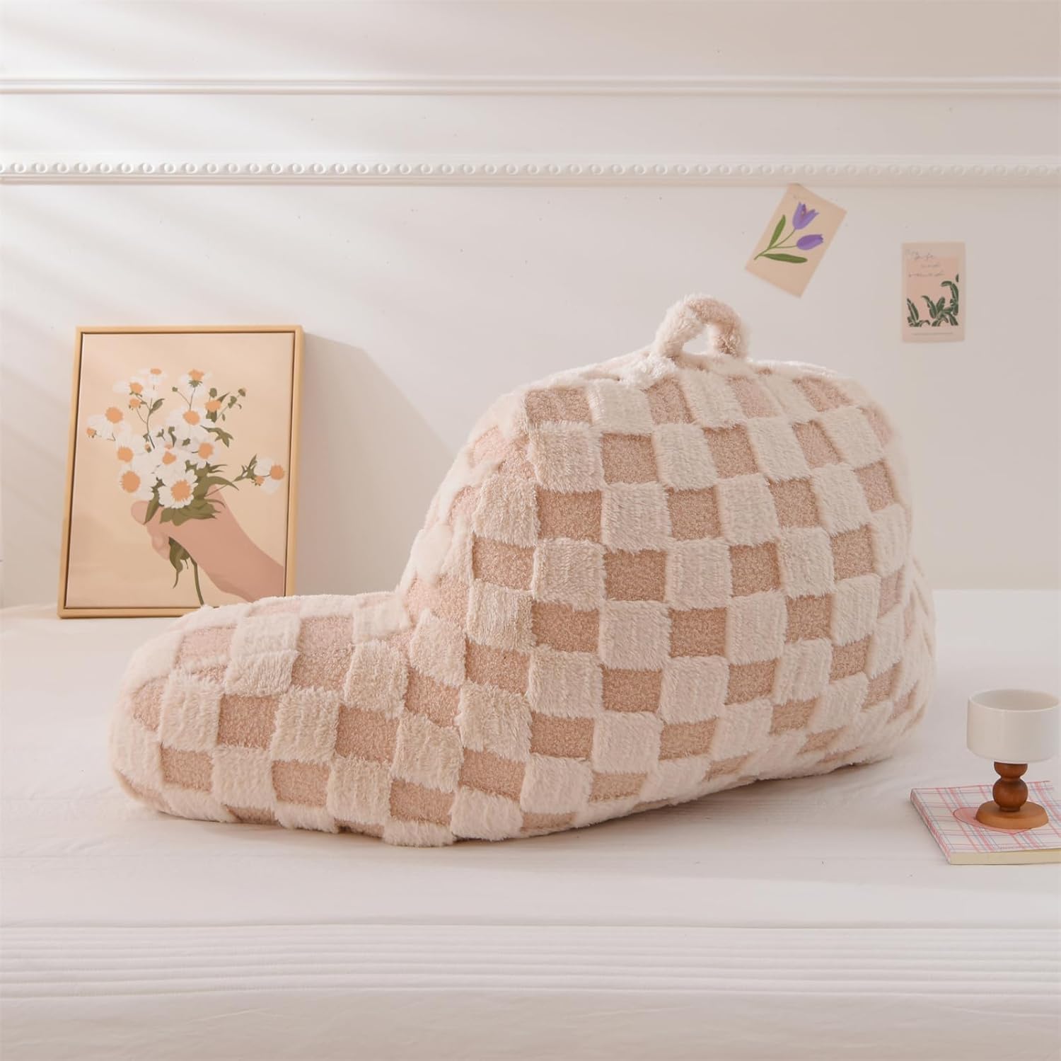 Aimuan Reading Pillow Checkered Bed Rest Wedge Backrest Checkerboard Pillow with Arms Back Support for Sitting Up in Bed Cushion Incline Rest Sleeping Snoring Pillow (Beige,Standard)