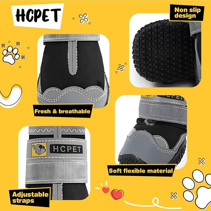 Hcpet Dog Shoes for Large Dogs, Waterproof Dog Booties for Small Medium Dogs, Anti-Slip Dog Boots & Paw Protectors for Hot Pavement Winter Snow Hiking with Reflective Straps Black Size 6