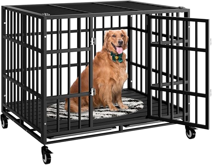 42 Inch Heavy Duty Dog Crate with Wheels,Indestructible Escape-Proof Dog Kennel with Locking Latch and Double Door,Extra Large XL XXL Crate Indoor for Large and Medium Dog with Removable Tray