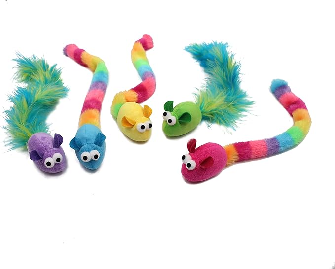 5 Pack Interactive Catnip and Feather Cat Toys, Multi-Colored Mice with Long Feather Tail, Accessories for Indoor Cat, Catnip Plush Toys with Natural Feathers and Rattles