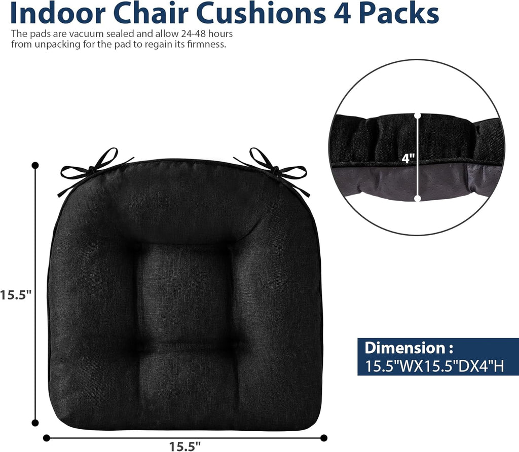 Chair Cushions for Dining Chairs, Seat Cushions for Kitchen Chairs, Indoor Seat Cushions with Ties, Tufted Foam Chair Pads, Non Slip Chair Cushions Set of 6, 15.5" x 15.5" x 4", Black