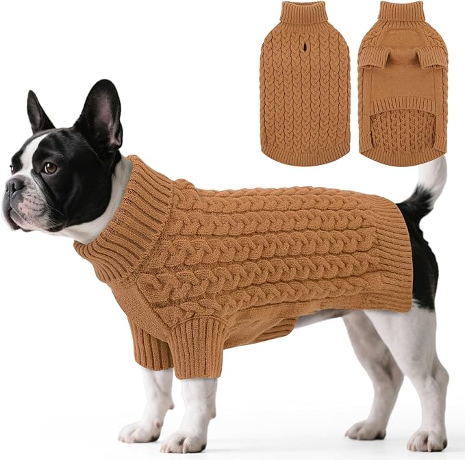 SAWMONG Dog Sweater, Dog Sweaters for Medium Dogs Girls Boys, Pullover Turtleneck Knitted Doggy Sweatshirt, Cold Weather Pet Clothes（Khaki, Medium