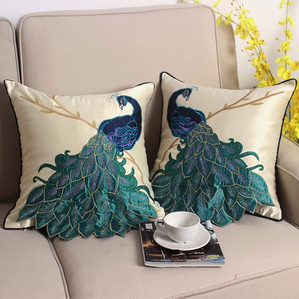 vctops Embroidered Peacock Decorative Throw Pillow Case Silky Satin Cushion Cover Peacock 2 18"X18"