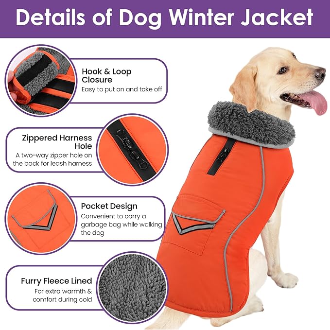 SUNFURA Small Dog Coat, Warm Dog Jacket with Zippered Leash Hole, Reflective Pet Winter Coat Fleece Jacket with Adjustable Furry Collar for Small Dogs Schnauzer, Yorkshire Terrier, Orange S