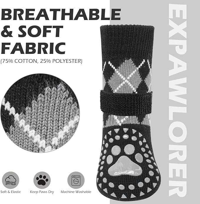 EXPAWLORER Dog Socks for Hot Pavement to Prevent Licking Paws, Plaid Non Slip Doggie Grippy Booties Shoes for Hardwood Floors, Boots & Paw for Small Medium Large Senior Dogs S