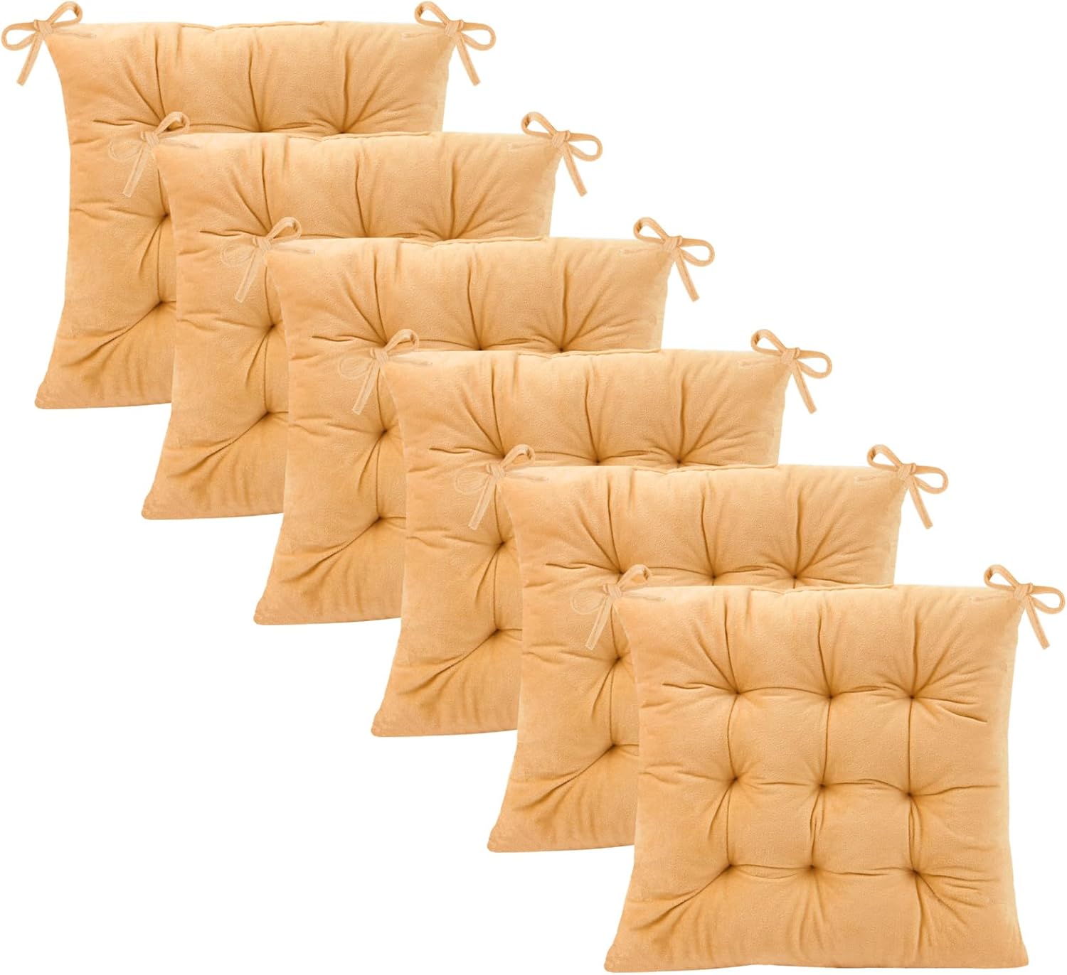6 Pack Square Seat Cushion Chair Pads for Kitchen Dining Chairs, Soft Comfort Velvet Chair Mat Pillow Cushions with Ties for Office Desk Living Room Tatami 15.5", Turmeric Yellow