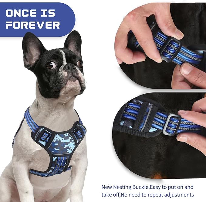 BUMBIN Dog Harness for Large Dogs, No Pull Adjustable No Choke Pet Vest with Dog Leash Fit Smart Reflective Pet Walking Harness for Training Easy Control Soft Handle Blue Camo S