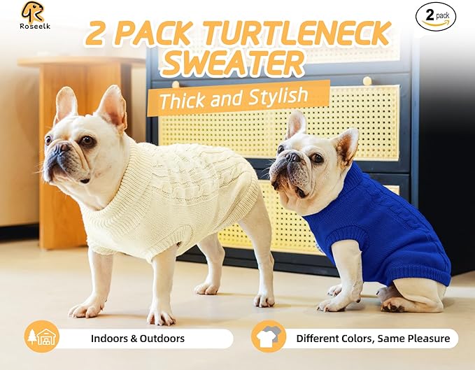 2 Pack Dog Sweaters for Small Dogs - Puppy Medium Warm Clothes in Winter, Turtleneck Pullover Design for Boy Girl Pet, Doggie, Cat, Kitten Chihuahua Bulldog Pug Beagles (S, Blue, Beige)
