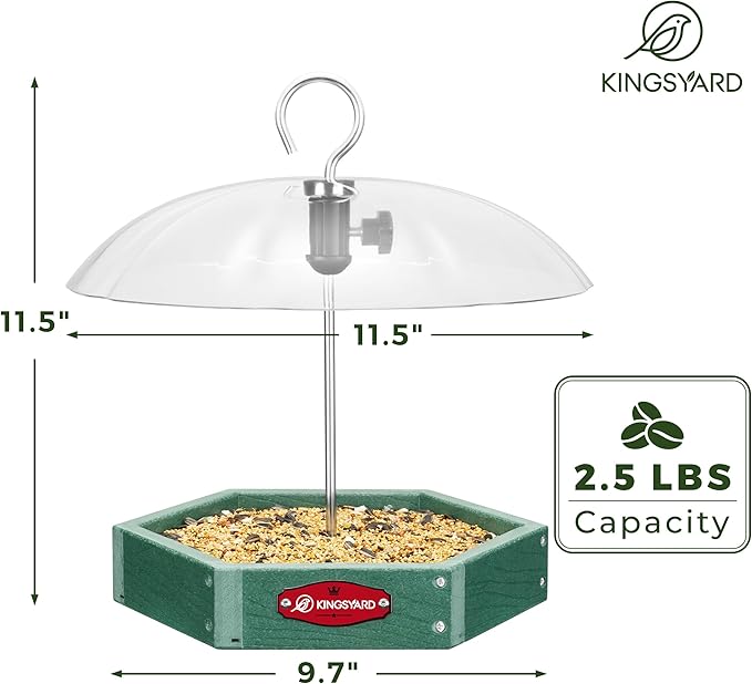 Kingsyard Large Platform Bird Feeder Outdoor Hanging, Adjustable Dome Squirrel Proof Rain Cover, Metal Mesh Tray Recycled Plastic Wild Bird Seed Feeding Station, Green