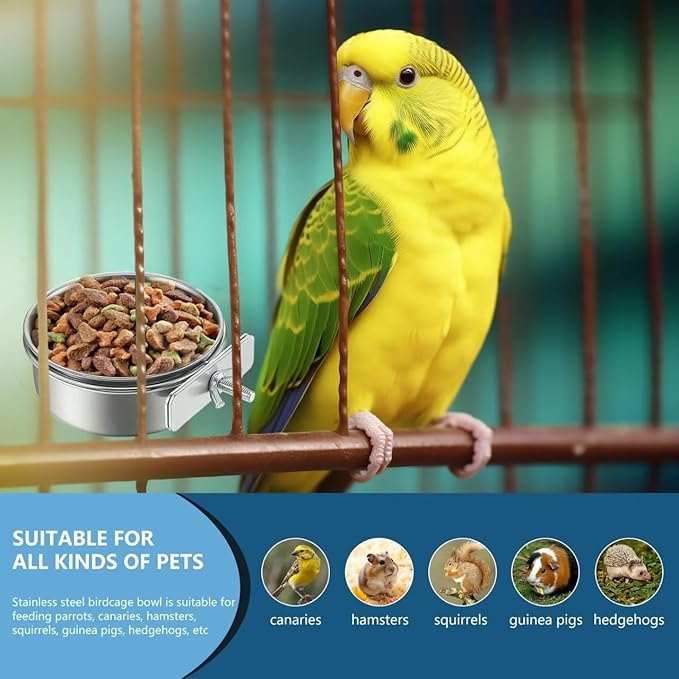 2Pcs Stainless Steel Bird Feeding Bowls, Small Bird Feeding Cup, Stainless Steel Parrot Food Bowl Cage with Holder, Parrot Cage Water Feeder, Pet Cage Cup Holder (Dia 3.93", 4.72",)