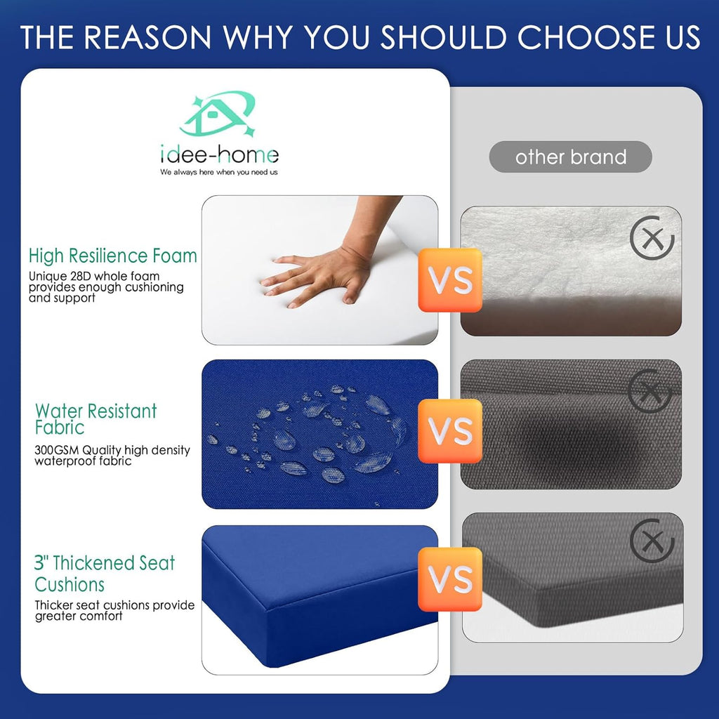 idee-home Outdoor Chair Cushions Set of 4, Thick 19" x 19" x 3" Outdoor Seat Cushions Patio Furniture Waterproof with Ties, Dining Pads