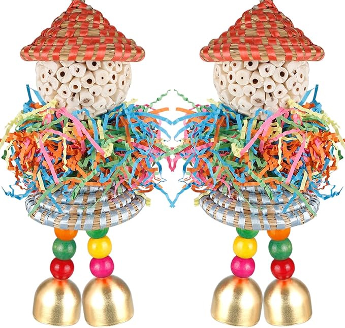 2PCS Bird Toys Parrot Foraging Shredder Hanging Toys Sola Balls with Bell for Small Parrots Parakeets Cockatiel Conures Love Birds Budgie Cage Toy