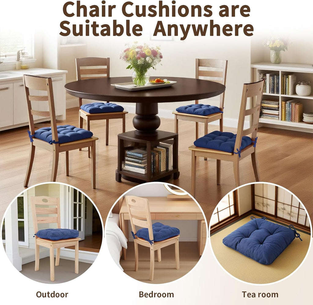 Chair Cushions for Dining Chairs, Tufted Foam Kitchen Chair, Non-Slip Seat Cushions with Ties Set of 4, 15.5" x 15.5" x 4", Dark Blue