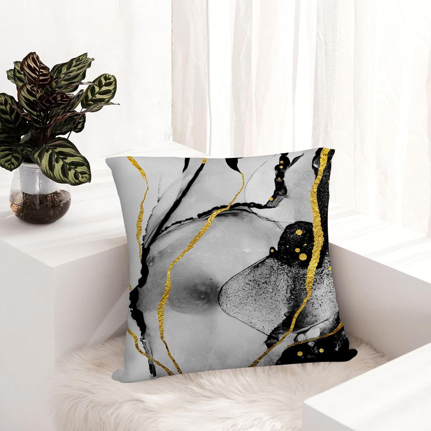 Black Gold Grey Marble Throw Pillows Covers 18x18 Inch Set of 4, Abstract Modern Decorative Pillow Cases for Sofa Couch Bedroom Living Room Home Black and Gold Decor Cushion Covers