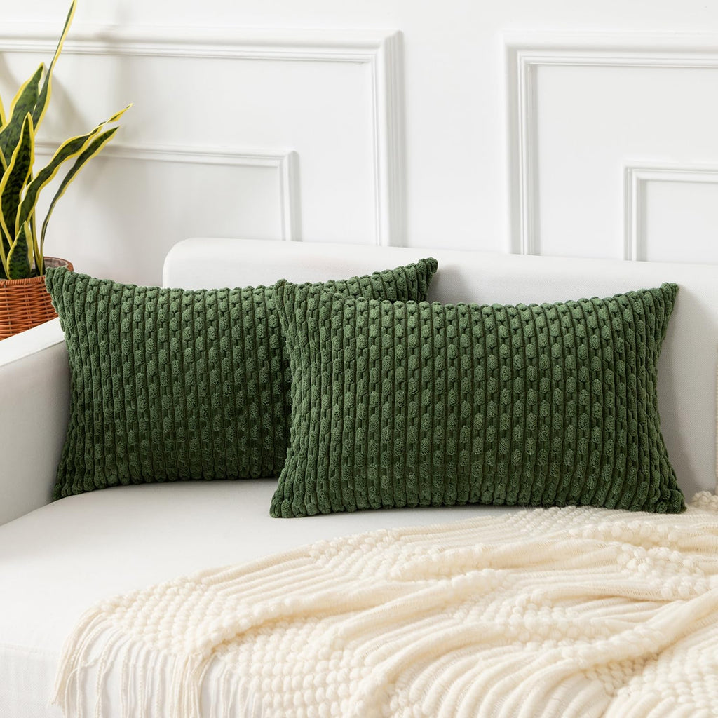 Kevin Textile 12x20 Inch Pillow Cover 1 Pack Boho Decorative Soft Striped Corduroy Lumbar Farmhouse Solid Color Accent Rectangle Cushion Case for Living Room Couch Sofa Bed, Moss Green