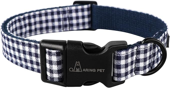 ARING PET Dog Collar, Cute Adjustable Comfortable Cotton Navy White Plaid Pet Collars for Small Medium Large Male Female Boy Girl Dogs-Medium