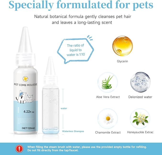 Pet Steam Brush for Dog & Cat–3-in-1 Spray Hair Removal Comb–Steam Brush for Shedding & Grooming–Water Brushes for Long & Short Haired Pets–Spritz Defur Comb–Includes Waterless Shampoo & Eye Wipes