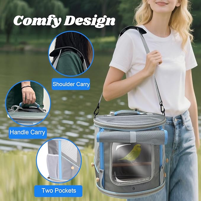 halinfer Bird Travel Carrier Cage for Small to Medium Size, Portable Parrot Parakeet Cockatile Conure Transport Cage with Clear Window and Fabric Shade, Round Carry Bird Bag