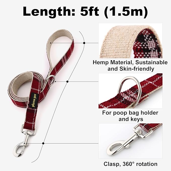 Plutus Pet Cotton Hemp Dog Collar and Leash Set, Adjustable Collar for Small, Medium, and Large Dogs, Heavy Duty and Soft on Skin, Red Plaid, L