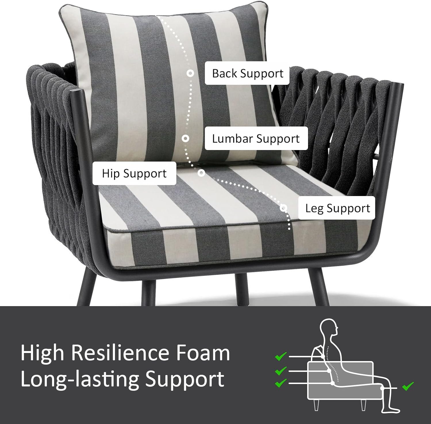 Outdoor Patio Chair Cushions Set, 22" x 22", Set of 2, Water-Repellent, Fade Resistant, Deep Seat Bottom and Back Cushion for Backyard, Couch, Sofa and Patio Furniture, Gray Stripe