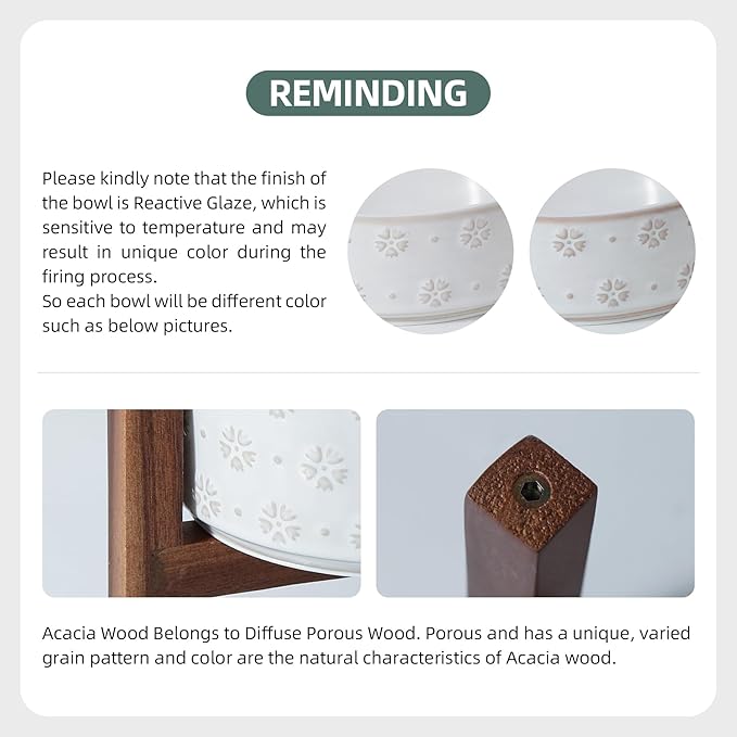 7.3inch Ceramic Raised Dog Bowl Set, Elevated with Acacia Wood Stand, Food and Water Bowl for Medium Breed Dogs, Weighted Dog Dishes, Pet Bowl(41OZ, Arctic White)