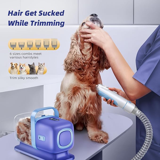 Dog Grooming Kit with Vacuum, All-in-One Pet Grooming Vacuum for Dogs and Cats, Low Noise Pet Hair Clipper & Shedding Brush, Dog Hair Remover, Cat Pet Groomer Set with Cleaning Brushes, Blue